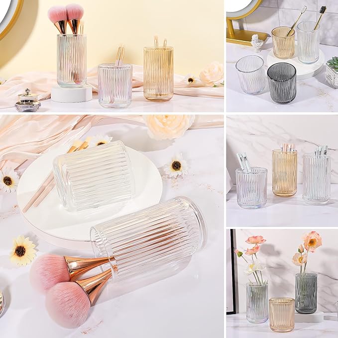 DASITON Makeup Brush Holder Organizer, Crystal Glass Makeup Brushes Storage Holder, Vintage Make Up Brush Cup for Vanity, Pen Pencil Holder for Desk, Toothbrush Holders for Bathroom (Clear S)