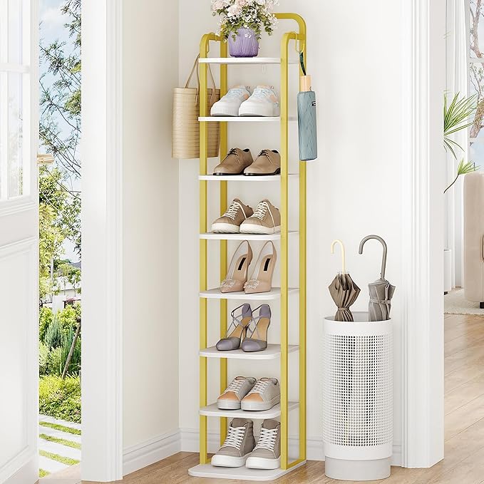 Hzuaneri 8 Tiers Vertical Shoe Rack, Narrow Shoe Tower, Tall Shoes Shelf with 2 Hooks, Adjustable Shelves, Corner Shoes Shelves for Small Spaces, Entryway, Living Room, White Gold SR04313A