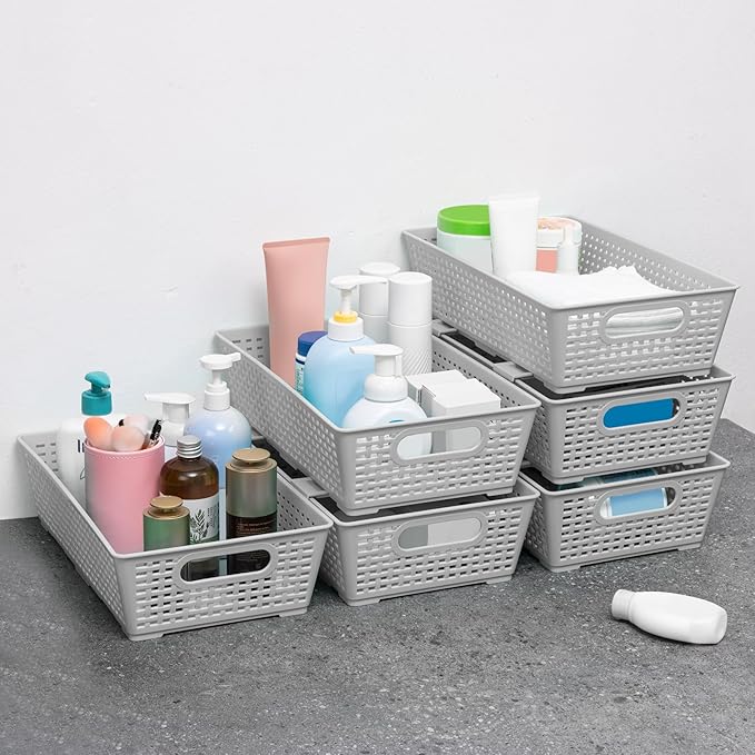 Tiawudi Stackable Woven Plastic Basket, Storage Bins for Cabinet, Closet, Shelf, Under Sink and Countertop, Pantry Organizer Bins, 6 Pack