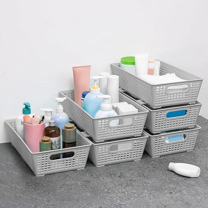 Tiawudi Stackable Woven Plastic Basket, Storage Bins for Cabinet, Closet, Shelf, Under Sink and Countertop, Pantry Organizer Bins, 6 Pack