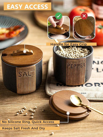 Salt Container for Countertop, Ceramic Salt Cellar with Lid & Spoon, Farmhouse Salt Bowl for Mother's Day, 10 OZ, Black