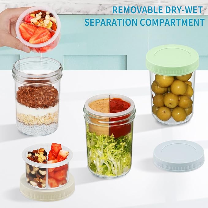 Xyptorix 16 oz Overnight Oats Containers with Airtight Lids - 2-Pack Leak-Proof Wide Mouth Mason Jars & Divided Cups for Dried and Wet Foods, Glass Jars for Chia Pudding, Salad, Snacks, and Yogurt