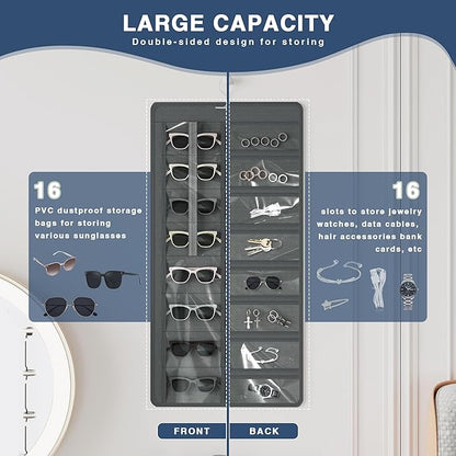 Hanging Sunglasses Organizer and Storage, Dual-Sided Sunglasses Case and Jewelry Holder, Wall-Mounted, 32 Clear Slots, Dust-Proof, Roof Design for Travel, Dark Gray