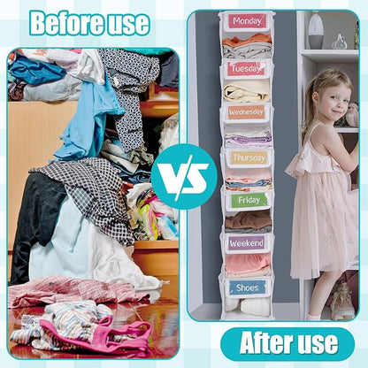 2 Pack 7 Shelf Weekly Clothes Organizer Hanging Closet for Kids with Side Pockets Weekday Shoes Rack Weekly Clothes Organizers Monday Through Weekend Foldable Storage Shelves(White)