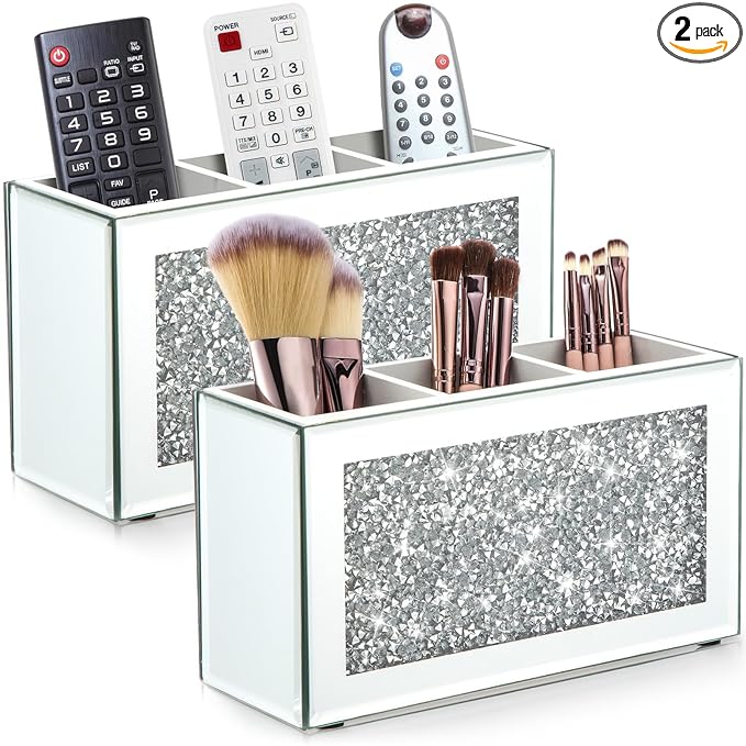 Tanlade 2 Pcs Mirrored Makeup Brush Holder Remote Holder, Mirrored Makeup Organizer with Crushed Diamond Crystals, Vanity Cosmetics Organizer Solution, Pencil Holder Organizer for Desk (3 Compartment)