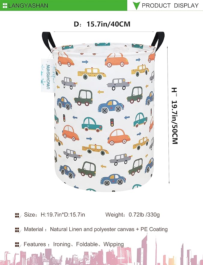 Laundry Basket Canvas Fabric Collapsible Organizer Basket for Storage Bin Toy Bins Gift Baskets Bedroom Clothes Children Nursery Hamper (Round Color Cars)
