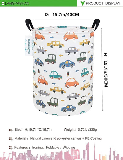 Laundry Basket Canvas Fabric Collapsible Organizer Basket for Storage Bin Toy Bins Gift Baskets Bedroom Clothes Children Nursery Hamper (Round Color Cars)