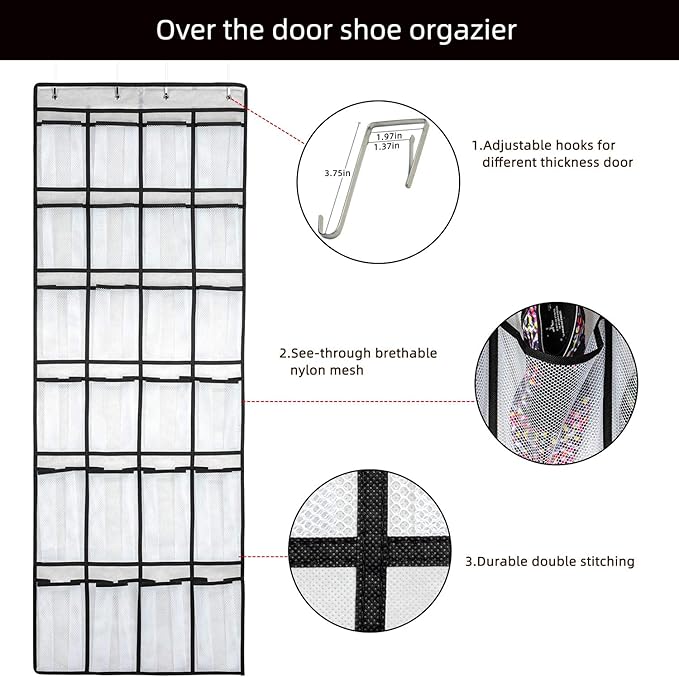 SAVERHO Over the Door Shoe Organizer, Hanging Shoe Organizer with 24 Mesh Large Pockets Door Shoe Rack Organizer for Men Women Kids Hanging Shoe Storage Bag.(White