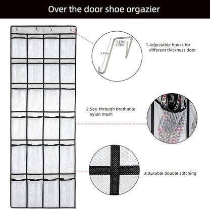 SAVERHO Over the Door Shoe Organizer, Hanging Shoe Organizer with 24 Mesh Large Pockets Door Shoe Rack Organizer for Men Women Kids Hanging Shoe Storage Bag.(White