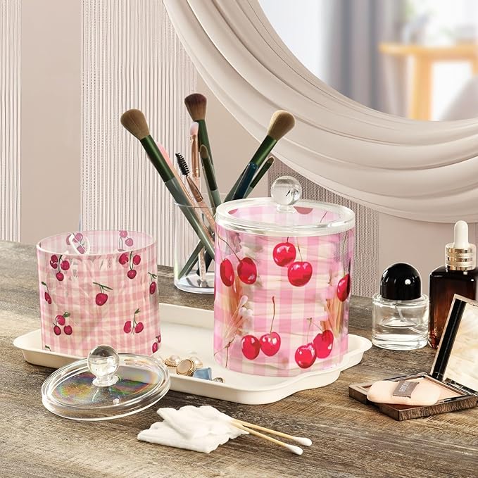 2 Pack Qtip Dispenser Apothecary Jars with Lids Cotton Round Holder Bathroom Canisters for Cotton Swab Floss Ball Pads Clear Plastic Decorative Pink Checkered Cherry