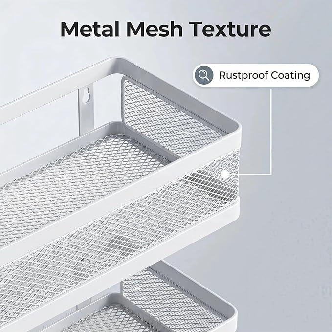 PUSDON Mesh Shower Caddy Wall Mount, Heavy Duty Adhesive Bathroom Shelf Organizer, Rustproof Floating Spice Rack for Kitchen Pantry, Holds 50 LBS, Multi-Purpose Storage White-2 Packs (Netting)