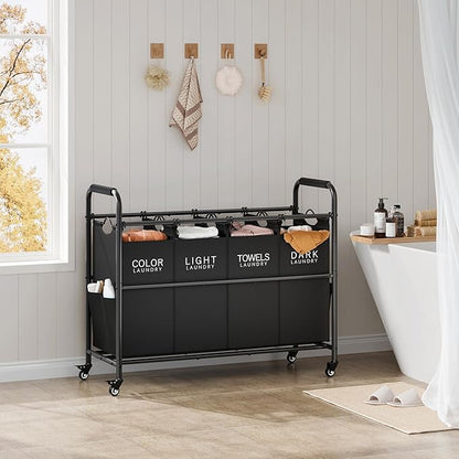 Tajsoon 4 Bag Laundry Sorter Cart, 4 Section Laundry Hamper Sorter with Heavy Duty Lockable Rolling Wheels, Laundry Separator Hamper with Removable Bags for Dirty Clothes Storage, Black