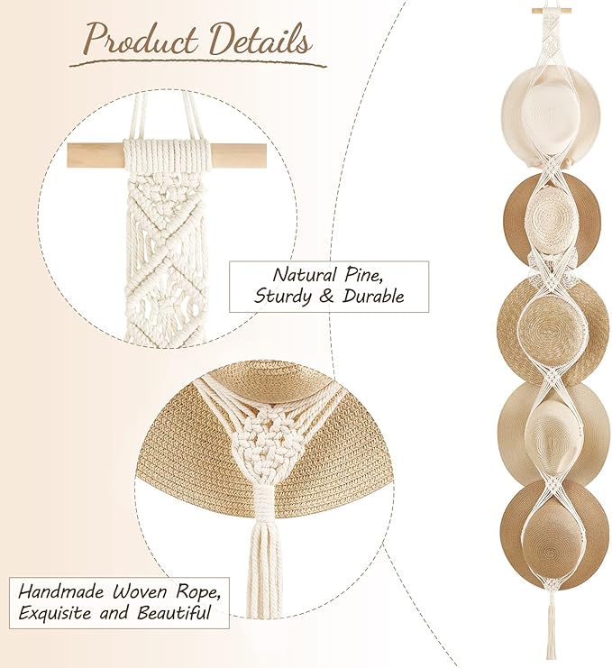 Dahey Macrame Hat Hangers Hat Rack for Wall Cowboy Hat Organizer Hanging Display Hand Weaving Bobo Hat Holder Westen Decor for Wide Brim Hats Bowler Fedora Hats, 5 Hats Style