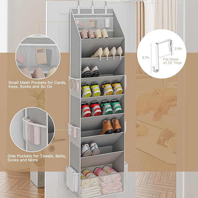 Criusia Shoe Organizer, Over the Door Shoe Organizer, Hanging Closet Shoe Storage with Large Deep Pockets, Fits 16–24 Pairs of Sneakers, Sandals, Boots, Gray