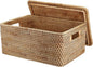 Hipiwe Rattan Basket With Lid Rectangular Lidded Basket Natural Hand-Woven Wicker Storage Basket Bin for Shelf Organizing Picnic Food Bread Table Storage Basket, 15.1 x 11.2 x 7.3 inch