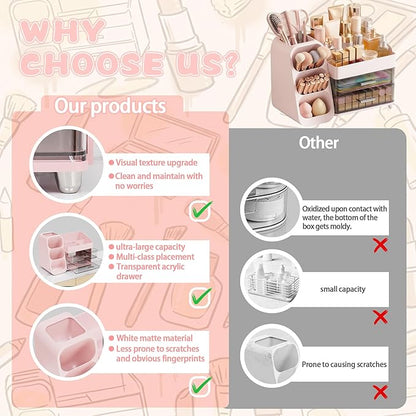 Large Capacity Makeup Organizer Countertop with Makeup Brush Holder for Vanity, Thickened Material, Bathroom Countertop Organizer Skin Care Perfumes Storage, Teen Girl Gifts for 12-23 Year（pink）
