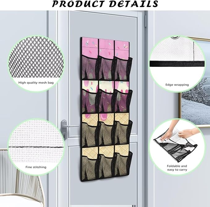 Ice Cream Over the Door Hanging Organizer for Closet - Heavy Duty Large Storage Bags with Metal Hooks, Space Saving Home Organization
