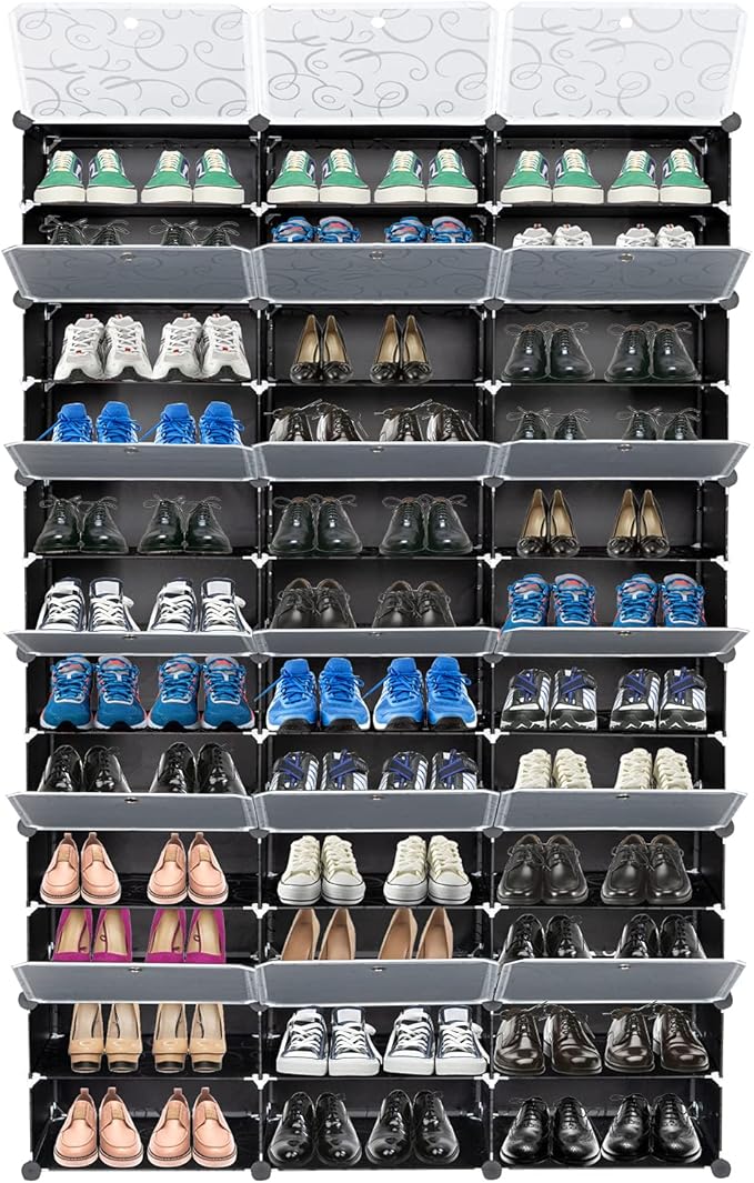 Shoe Rack Organizer, 18 Cube 12 Tier Covered Shoe Storage Cabinet 72 Pairs Freestanding DIY Shoe Shelves Plastic Shoes Rack for Closet Entryway Hallway Bedroom (Black2)