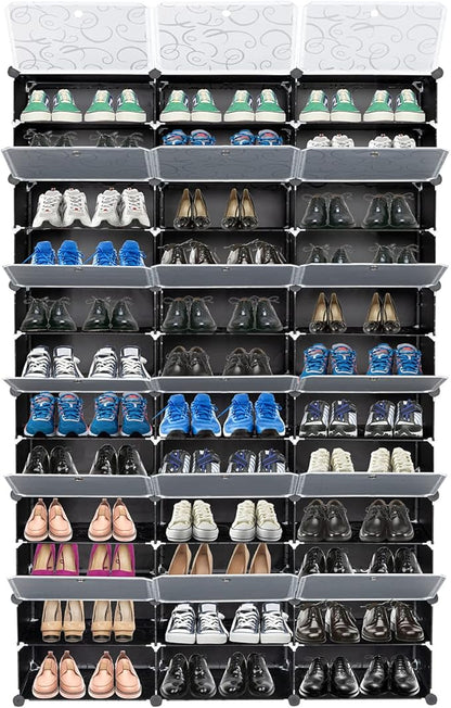 BILEK Shoe Rack Organizer, 12 Tier Shoe Storage Cabinet with Doors for Closet, Stackable 72 Pair Plastic Shoe Shelves Organizer,Expandable Free Standing Shoe Rack for Entryway Bedroom Hallway