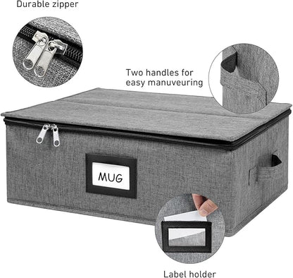 HURZMORO Mug Storage Box with 12 Compartments, Gray Hard Shell Container, Padded Dividers, Dual Handles, Zipper Lid for Coffee Cup Organization and Moving (1, Coffee Cup Storage Box)