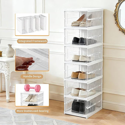 ZLLZUU Upgrade Clear Foldable Shoe Storage Organizer, No Assembly 6 Tiers Shoe Box with Fully Clear Door, Plastic Stackable Shoe Rack for Sneakers, Sturdy Shoe Storage Containers Bins