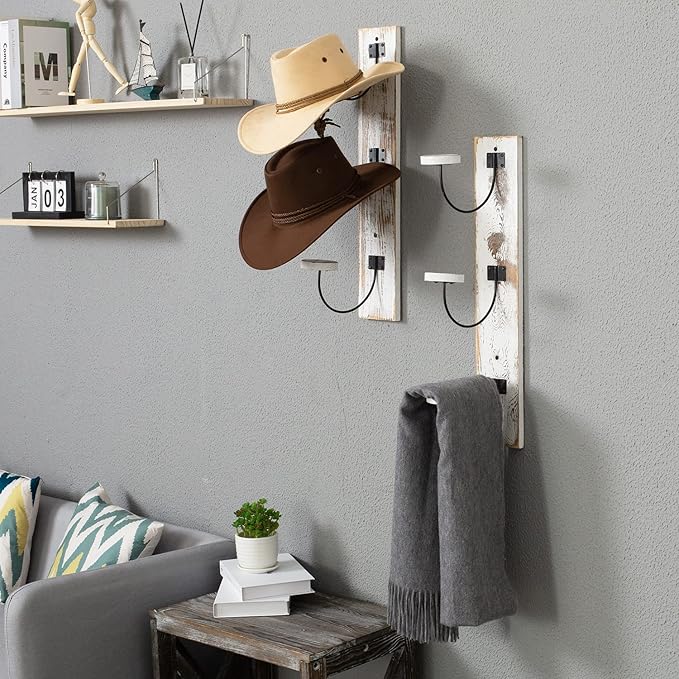 MyGift 2 Pcs Hat Rack Wall Mount, Cowboy Hat Organizer Holder, Coat, Cap Clothes Hanger with Metal Wire and Wood Hooks, Whitewashed