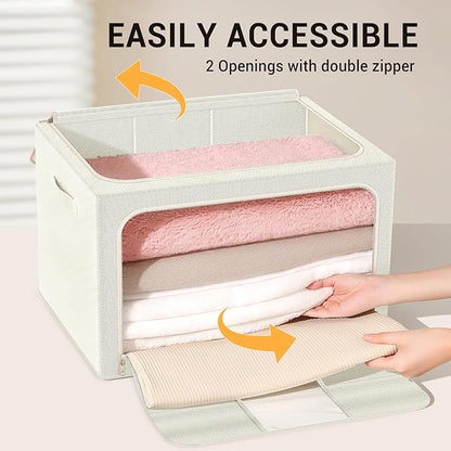 Clothes Storage Bins with Metal Frame, Foldable Clothes Organizers Storage Containers for Clothes, Sheets, Blankets, Pillows and Towels (100L, 3 Pack) Beige