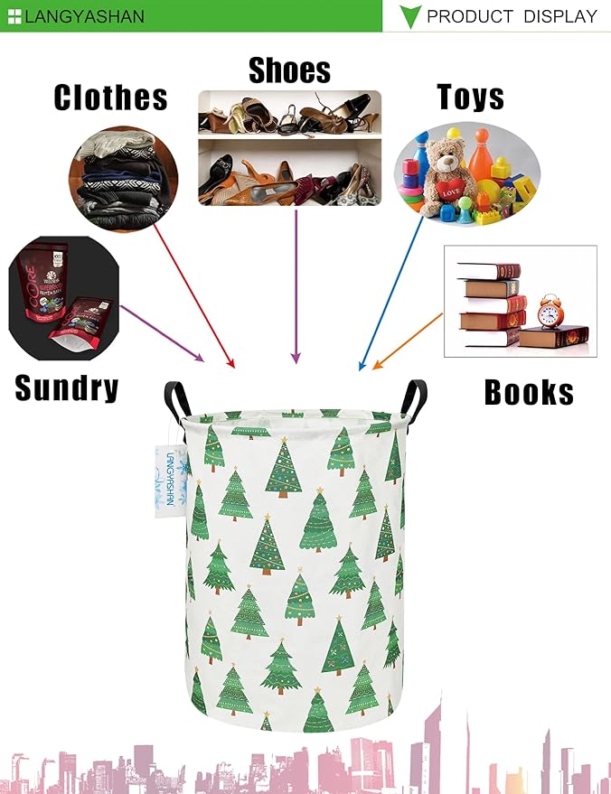 Laundry Basket Canvas Fabric Collapsible Organizer Basket for Storage Bin Toy Bins Gift Baskets Bedroom Clothes Children Nursery Hamper (Christmas Tree)
