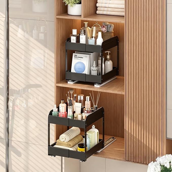 Across-Star Expandable Pull Out Spice Rack For Cabinet, 2-Tier No Drill Slide Out Drawers For Kitchen Cabinet with Adjustable Height, Metal Pullout Spice Holder Seasoning Shelf Inside Cabinet