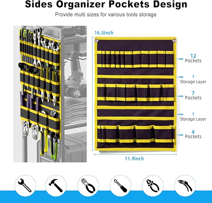 JUNNUJ Large Power Tool Organizer Cart with Charging Station, Garage Floor Standing Rolling Drill and Tools Battery Storage Cart on Wheels, Heavy Duty Rack Shelf with 8 Outlet Power Strip, Yellow