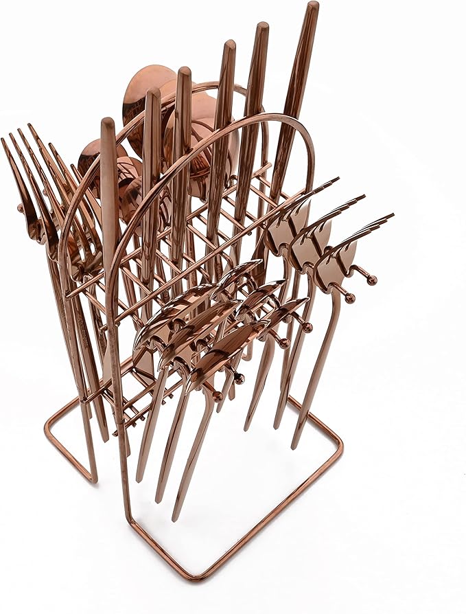 24 Piece Hanging Flatware Set, Stainless Steel Family Kitchen Utensil Set with Rack, Cutlery set for 6 with Holder, Silverware Sets with Holder, Hanging flatware set, Mirror Finish(Copper)