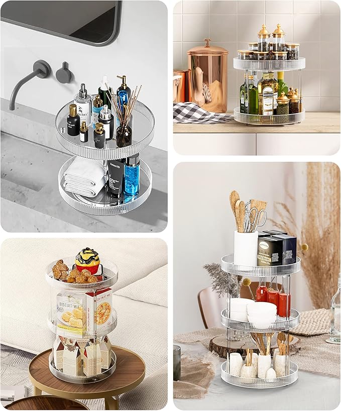 3-Tier Lazy Susan Bathroom Countertop Organizer, 360° Clear Rotating Storage Tray, Cosmetics and Perfume Organizer, Spinning Storage Tray Vanity Organizer Shelf for Bathroom Cabinet, Kitchen(Medium)