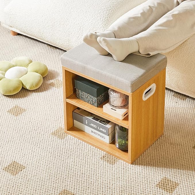 YMYNY Shoe Storage Bench with Cushion, 2 Tier Shoe Rack with Padded Seat, Adjustable Shoe Organizer Cabinet for Entryway, Living Room, Hallway, Closet, Bedroom, 15.4L*11W*16.54H, Natural, UHBD028N