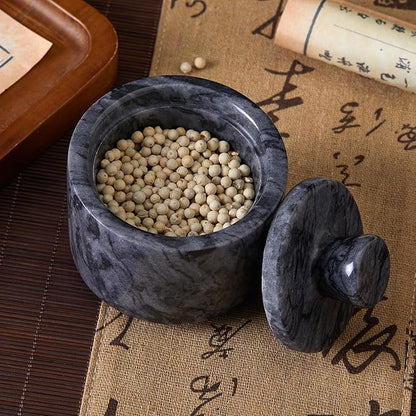 Natural Marble Salt Cellar with Lid, Stone Salt Bowl,Spice Jar,Handcrafted Seasoning Storage Box for Kitchen Container(Black)