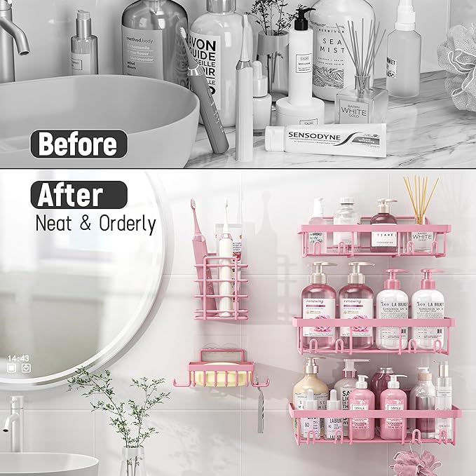 Liuoud 10 Pack Shower Caddy Organizer Rack Shelf for Inside Shower, Self Adhesive Wall Storage Basket Rustproof Stainless Steel Shampoo Holder Bathroom Accessory Decor Set, Pink