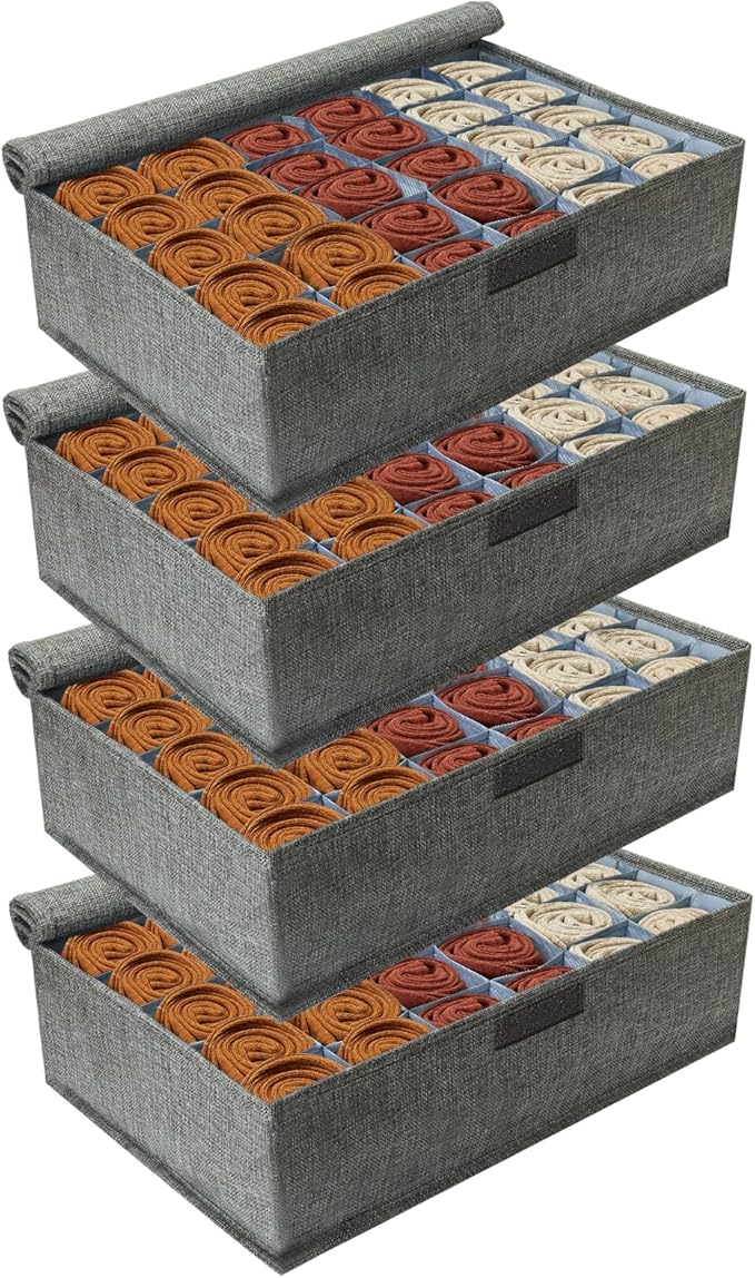 PINGMIC Gray Sock Organizer Divider 4 Pack with Lid - 30 Cell Foldable Closet Storage, Tie Organizer For Men Boxes for Socks, Ties, Belts