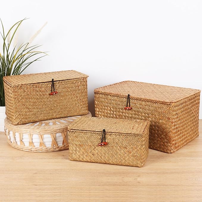 Moosky Wicker Shelf Baskets with Lid,Natural Seagrass Storage Basket Boxes Handwoven Rectangular Baskets Bins Multipurpose Home Organizer Decor (Medium)