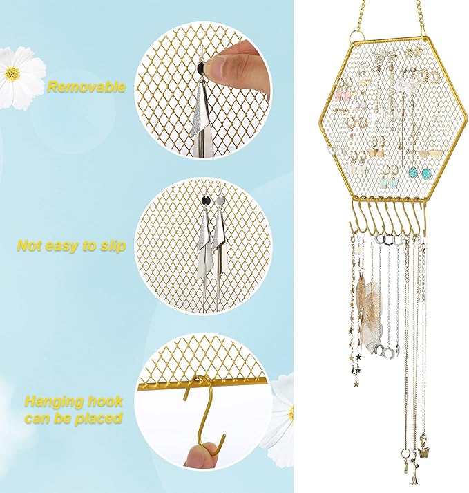 Jetec 2 Pcs Earring Wall Holder Wall Mounted Earring Organizer Hanging Jewelry Stand Decorative Diamond Grid Shape Display Rack with Hooks for Earrings Necklace Bracelet(Gold)