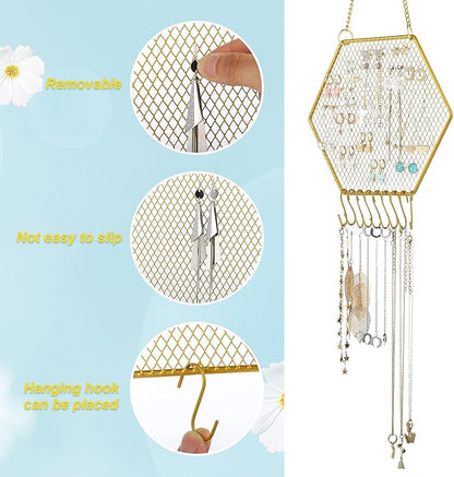 Jetec 2 Pcs Earring Wall Holder Wall Mounted Earring Organizer Hanging Jewelry Stand Decorative Diamond Grid Shape Display Rack with Hooks for Earrings Necklace Bracelet(Gold)