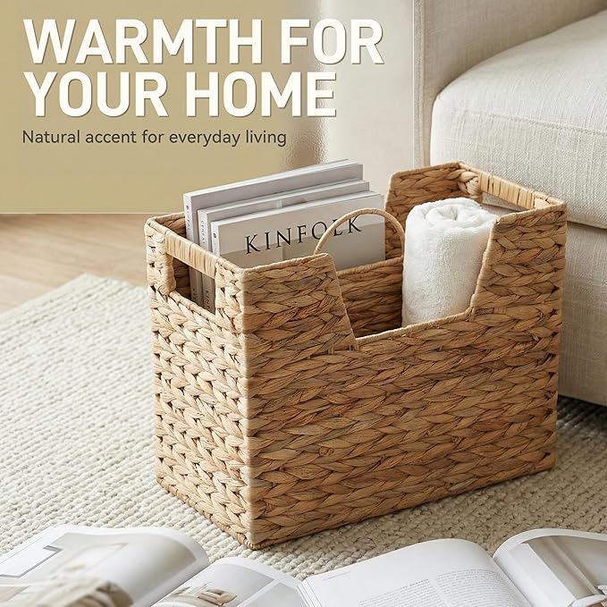Wicker Magazine Basket with Handle, Water Hyacinth Magazine Holder with 2 Compartments, Handwoven Storage Basket for Books Files Newspapers