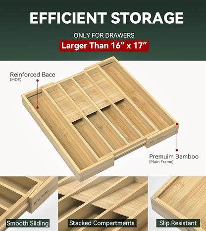 Expandable Silverware Organizer, Utensil Drawer Organizer & Cutlery Tray Dividers for Spoons Forks Knives (10 Slot,Natural Bamboo), 10.6”-16" Wx16.7”Dx1.97”H