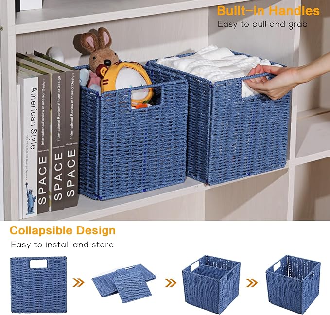 Vagusicc Wicker Basket, Set of 2 Hand-Woven Paper Rope Storage Baskets for Organizing, Foldable Cubby Storage Bins, 9 Inch Small Wicker Storage Basket, Square Baskets Cube Storage Organizer Bins, Blue