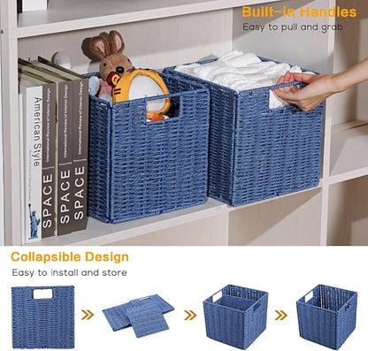 Vagusicc Wicker Basket, Set of 2 Hand-Woven Paper Rope Storage Baskets for Organizing, Foldable Cubby Storage Bins, 9 Inch Small Wicker Storage Basket, Square Baskets Cube Storage Organizer Bins, Blue