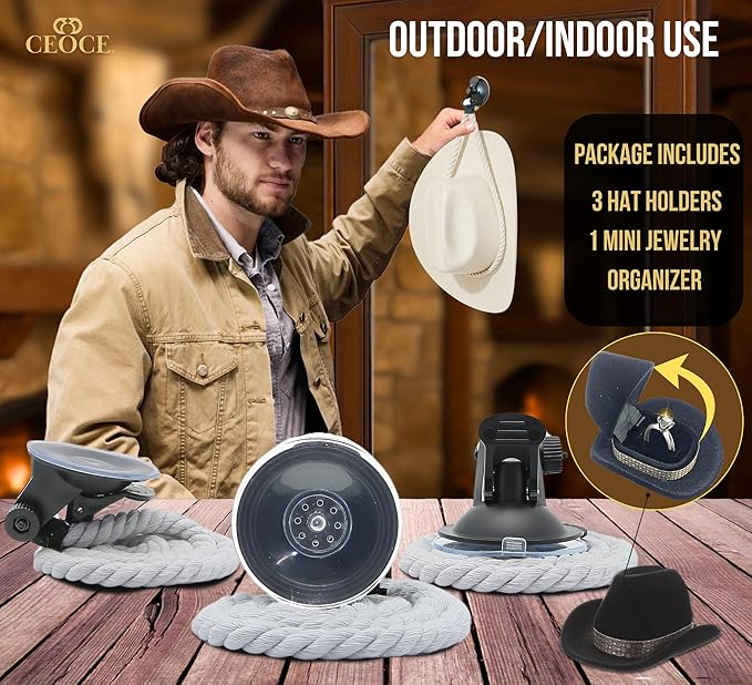 Car Cowboy Hat Holder for Truck – Easy-to-Use, Cotton Rope, Strong Suction Car Hat Holder Cowboy, Western Style – Keeps Gear Safe from Damage. (3-Pack)