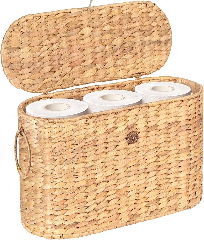 SIEUSALEVN Toilet Paper Storage, Water Hyacinth Baskets with Lid, Toilet Paper Baskets for Storage Holder 6 Rolls, Papers Basket with Built-in Handles for Organizer, Bathroom Accessories Organizer