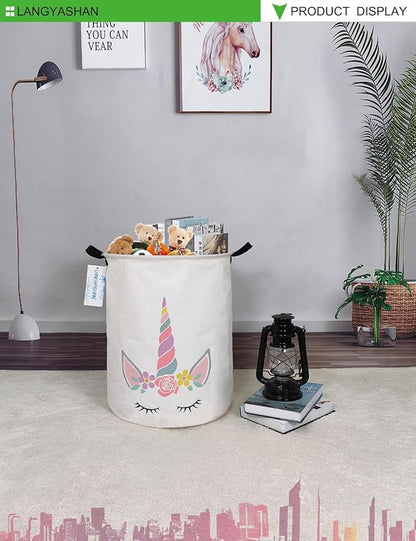 Laundry Basket Canvas Fabric Collapsible Organizer Basket for Storage Bin Toy Bins Gift Baskets Bedroom Clothes Children Nursery Hamper (Round Pink Unicorn)