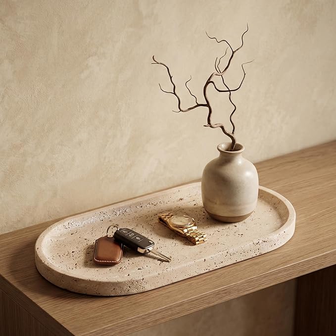 YKAJO Oval Real Marble Tray for Bathroom Kitchen Counter Stone Decorative Vanity Tray for Dresser Perfume Heavy Catchall Organizer for Soap Jewelry (Natural Travertine Beige, 11.8" x 5.9")
