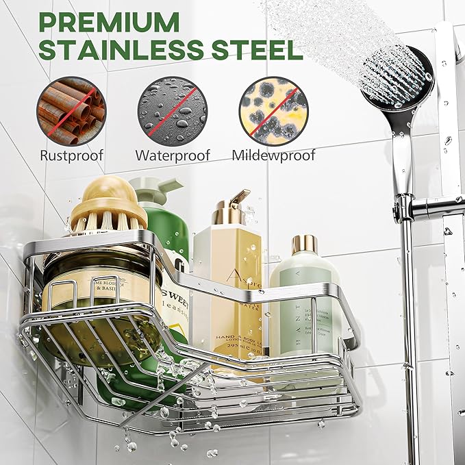 MAXIFFE 3 Pack X-Large Corner Shower Caddy with Soap Holder, Large Capacity and Easy Install, No Drilling Shower Shelves, Stainless Steel Shower Organizer Hold 40 LBS for Family Renters, Silver