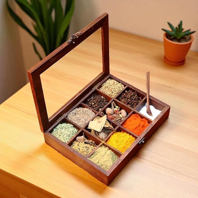 Wooden Spice Box, Masala Container, Condiments Storage Case for Kitchen, Multipurpose Decorative Box - Indian Rosewood Crafted