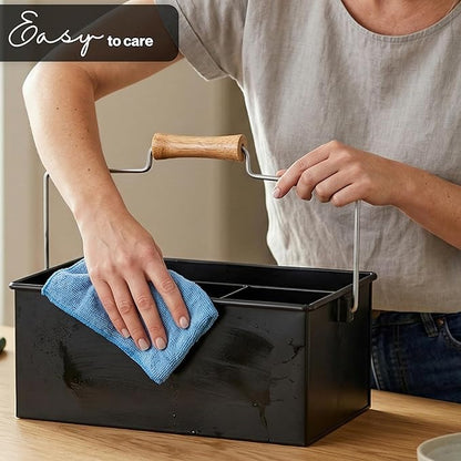 Alpha Living Home Heavy Duty Metal Alloy Utensil Silverware Caddy - 4 Compartment Flatware Organizer with Handle - Farmhouse Rustic Kitchen Storage for Countertop, Tabletop, Picnics & Parties (Black)